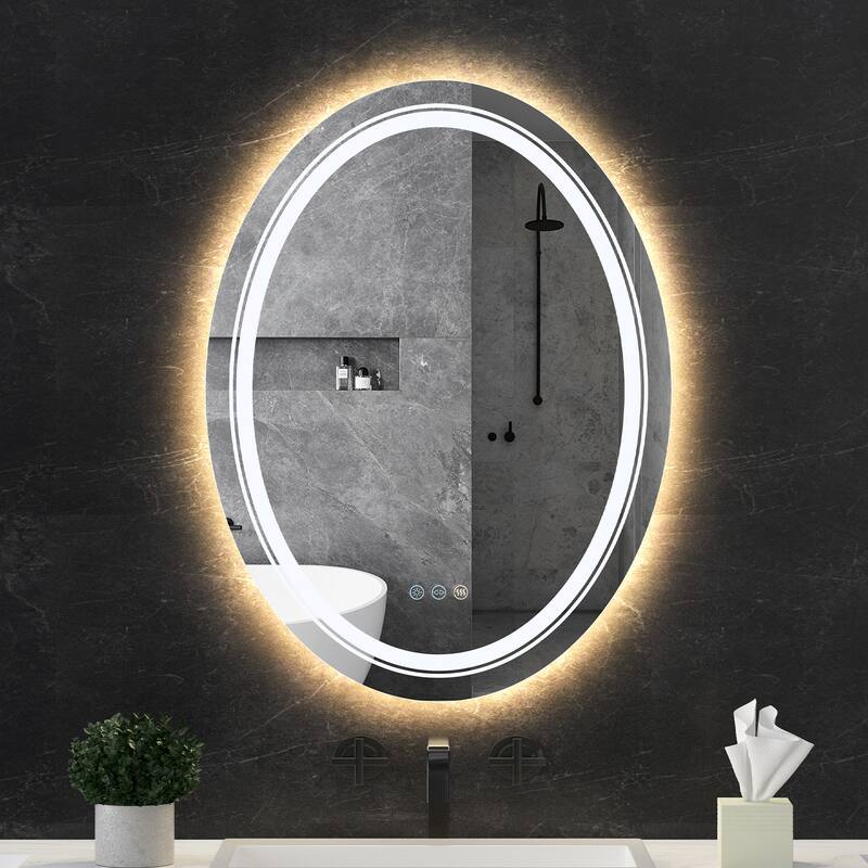 Frameless Oval Wall Mounted LED Bathroom Mirror Anti-Fog Memory - 20X28 Inch