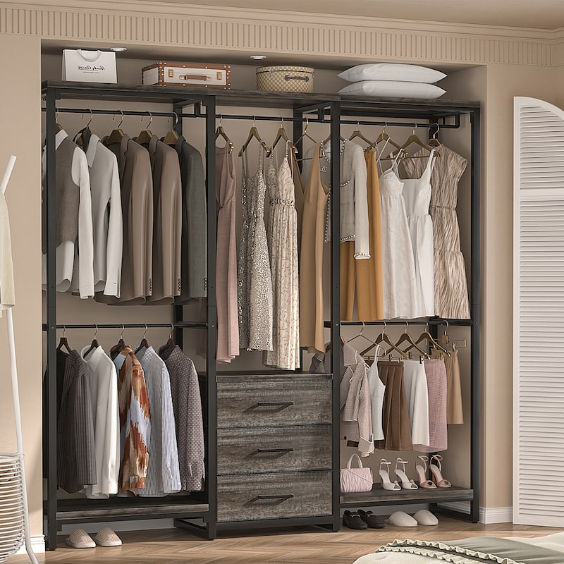 65.6'' Heavy-duty Garment Rack, Freestanding Closet Organizer with Fabric Drawers and 5 hanging Rods - Grey Oak