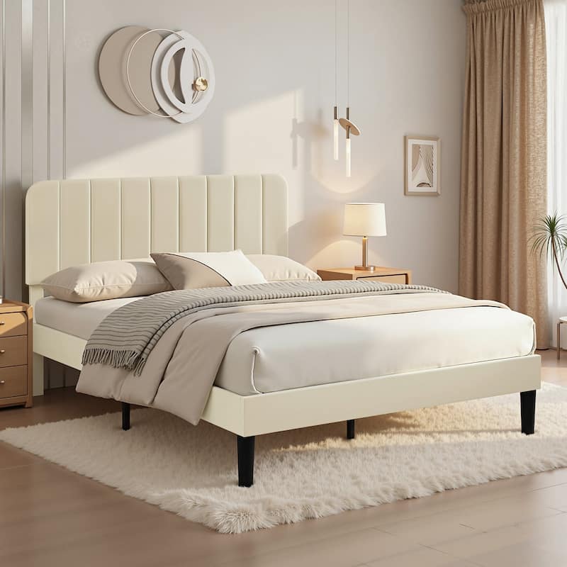 VECELO Modern Upholstered Platform Bed Frame with Adjustable Velvet Headboard Under-Bed Space for Storage No Box Spring Needed