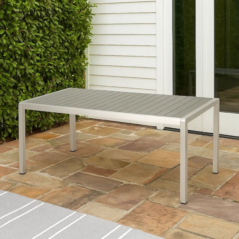 Eoin Outdoor Dining Table, Rectangular 71 Inch Gray Faux Wood, Metal Frame