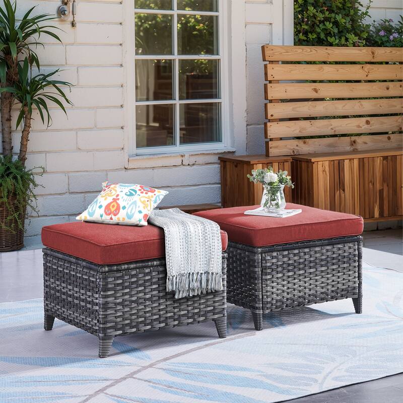 Outdoor Patio Footstool Ottomans with Cushion Grey-Red - Grey