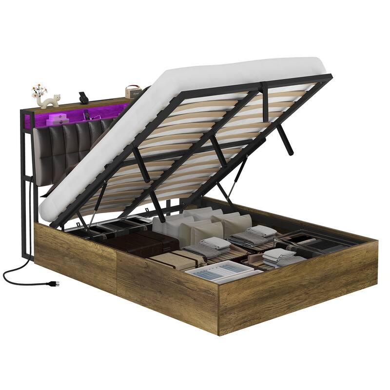 Moasis Lift-Up Storage Bed Frame with Charging Station & Storage Headboard - Black With LED - Full