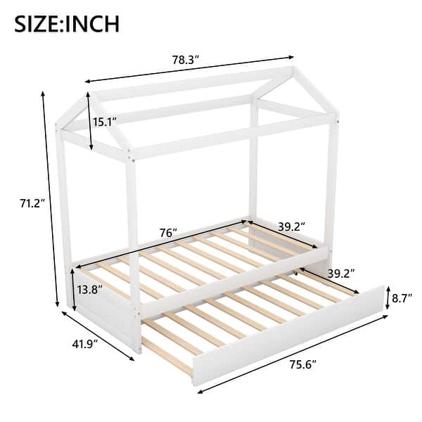 Twin Size Wood House Bed with Twin Size Trundle and Roof