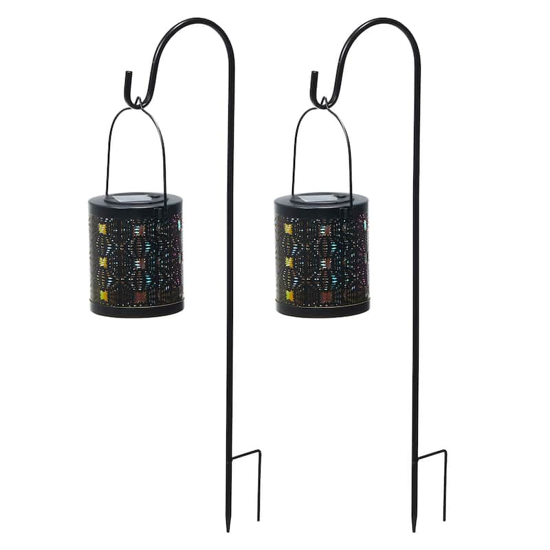 Glitzhome Set of 2 Metal Cutout Laser Outdoor Solar Lantern with Hanging LED Light Garden Stakes