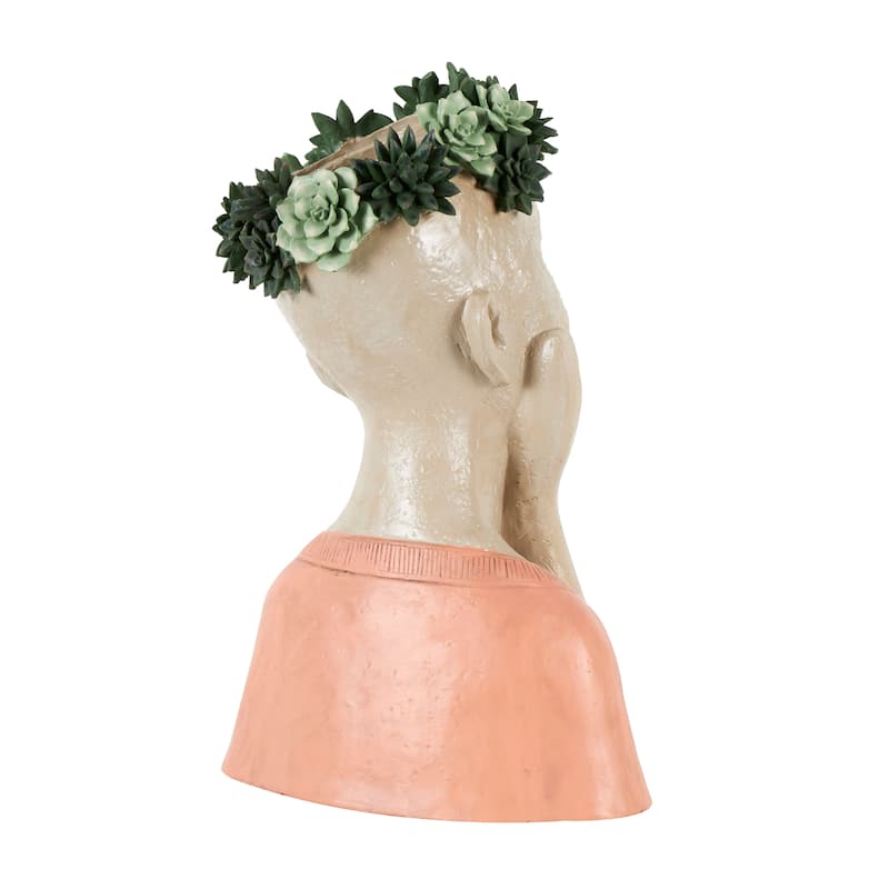 Beige Resin Bust Woman Planter with Succulent Crown and Top