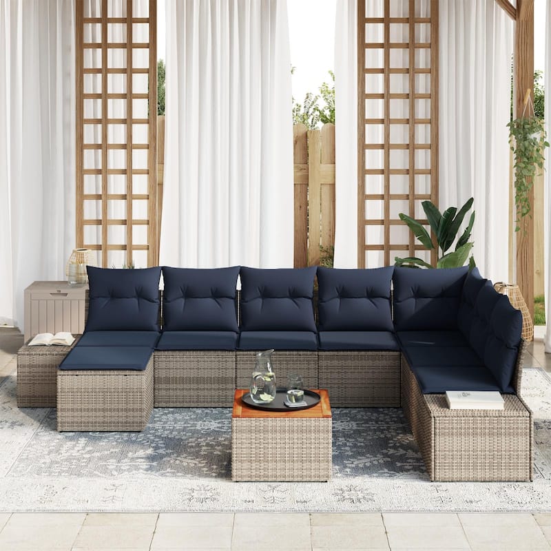 vidaXL 9 Garden Sofa Set with Cushions Black/Grey Poly Rattan - 125.6 x 82.3 x 27.2