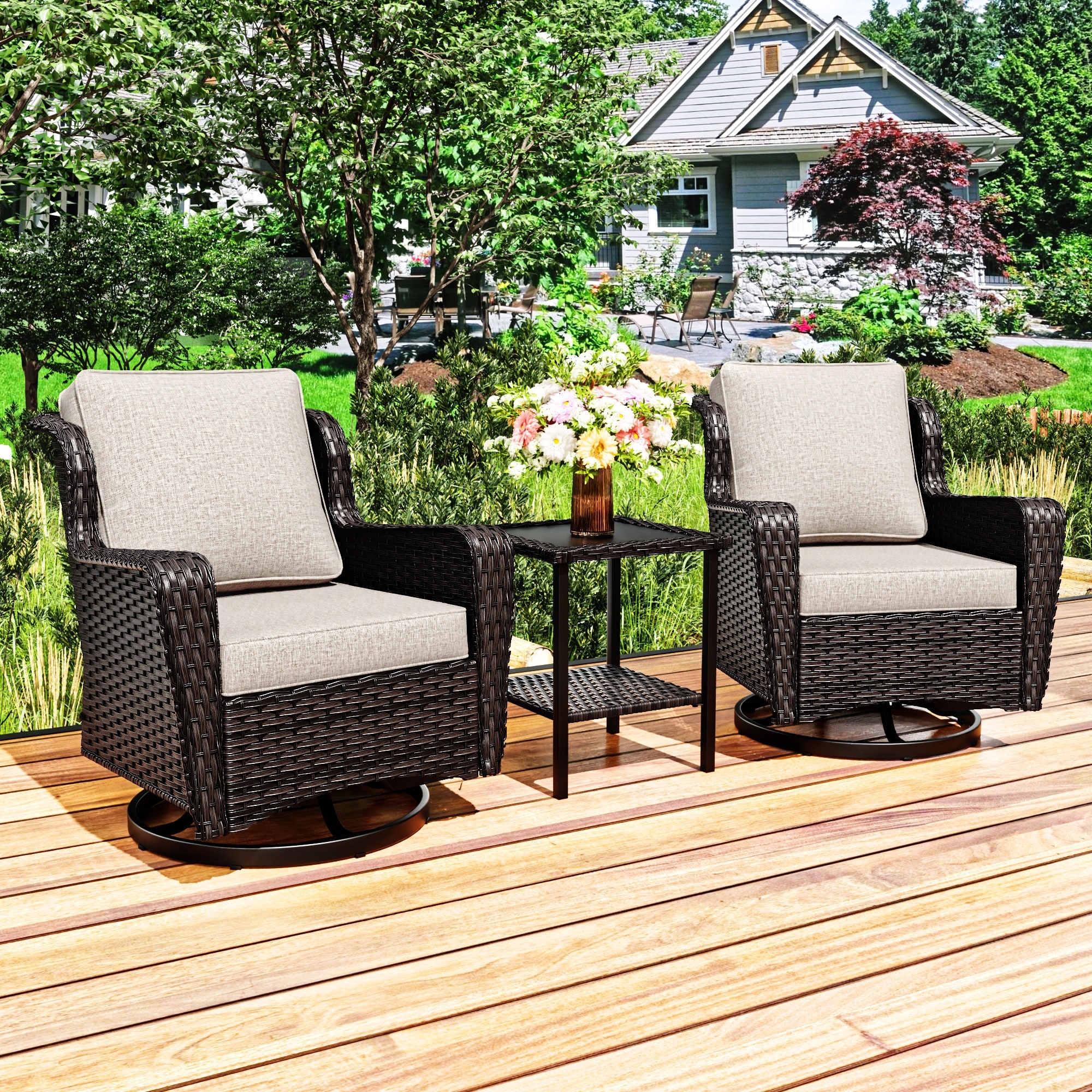 COZYWOR 3-piece Patio Rattan Swivel Chair Set