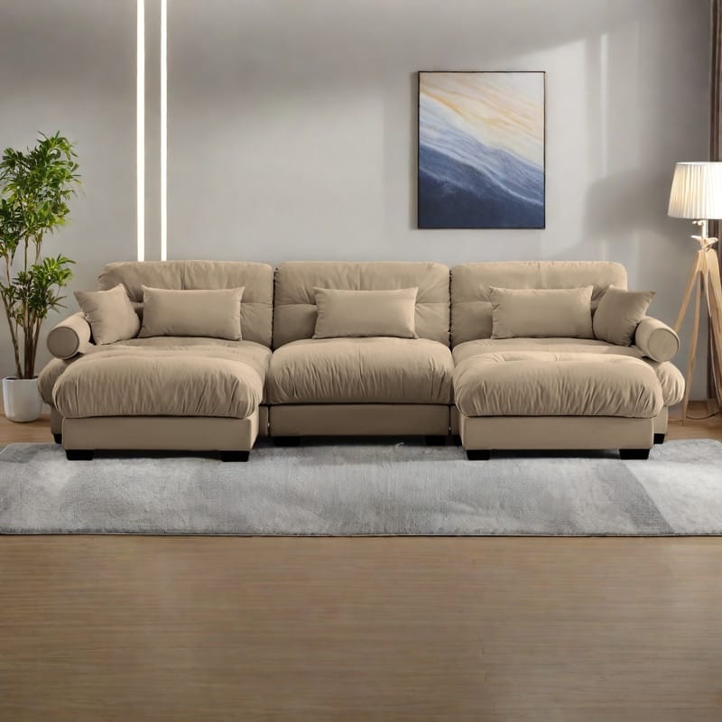 130" 3-Seat Velvet Modular Sectional Sofa with Movable Ottomans, Bolstered Armrests, and Included Pillows