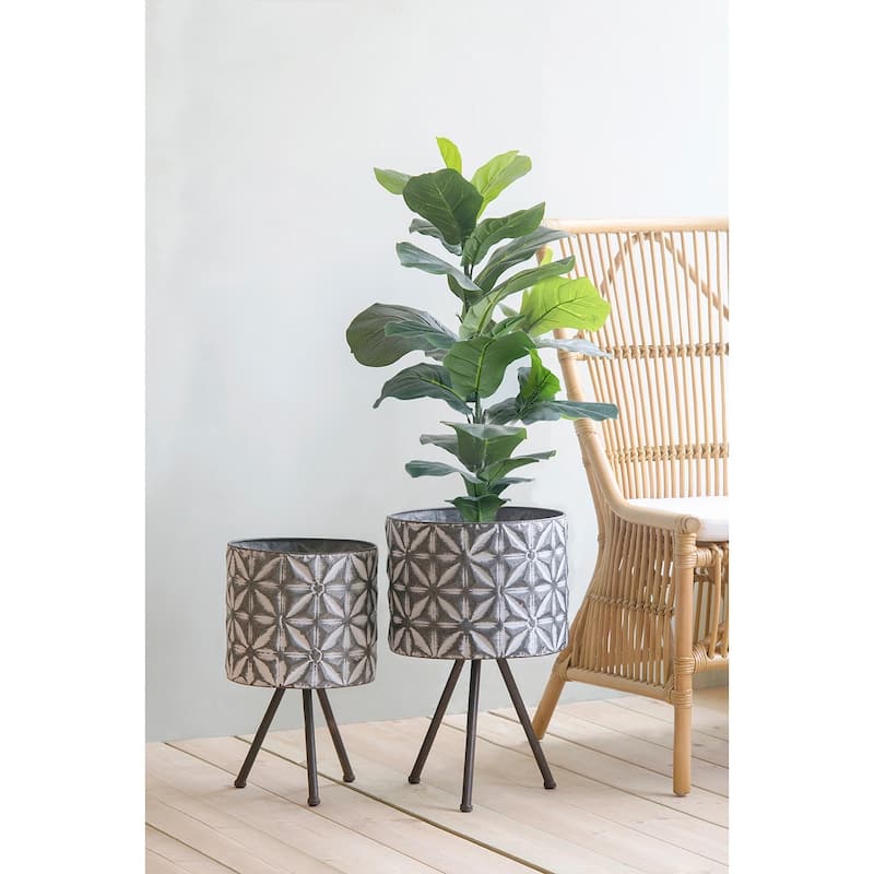 Set of 2 Metal Planter Stand,Round Galvanized Grey Farmhouse Planter