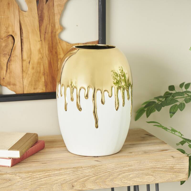 Ceramic Decorative Vase with Abstract Gold Melting Drips - White - CosmoLiving by Cosmopolitan