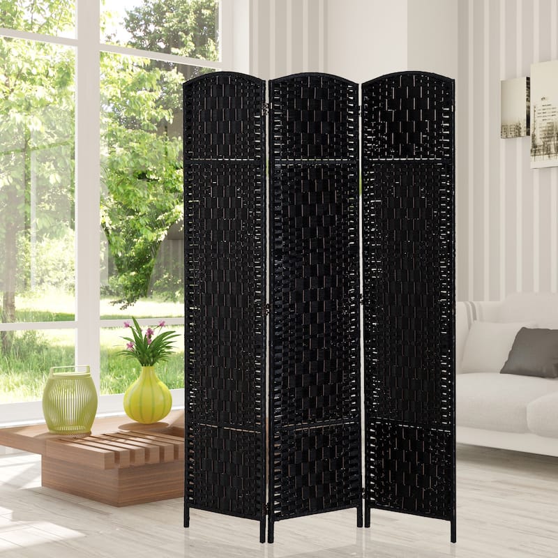 HomCom 6' Tall Wicker Weave Three Panel Room Divider Privacy Screen - Black Wood