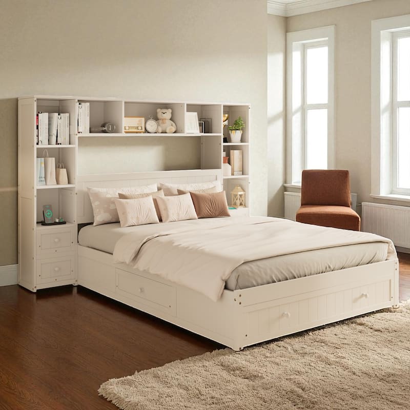 Full/Queen Size Pine Wood Platform Bed with Storage Drawers, Nightstands, Bookcase, Charging Stations, No Box Spring