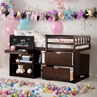 Twin Size Low Loft Bed with Rolling Desk, Shelf and Drawers, Espresso