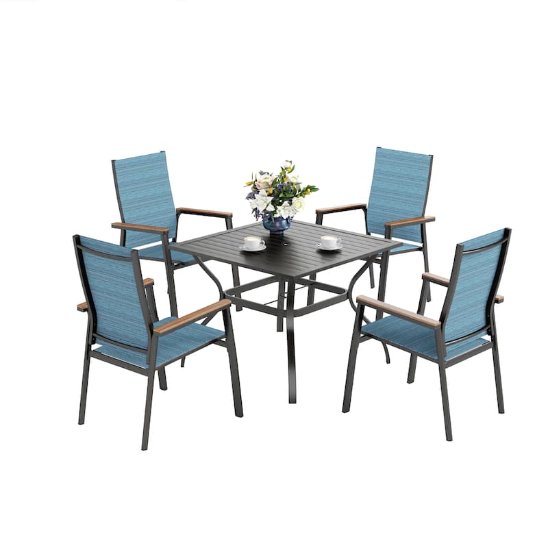 MAISON ARTS 5 Pieces Patio Dining Set, 4 x Aluminium Stackable Dining Chairs and 1 x Metal Table - Black