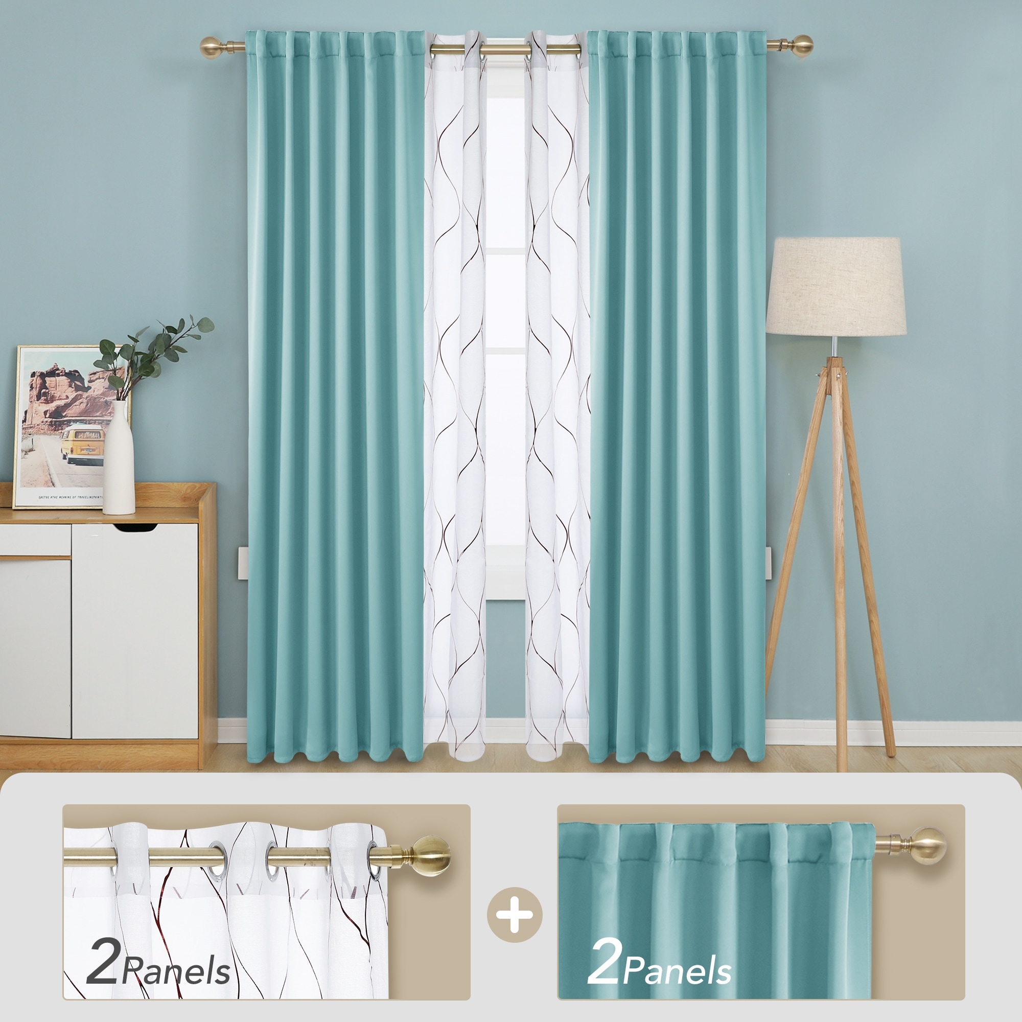 Deconovo Mix & Match Blackout and Bronze Print White Sheer 4 Piece Curtain Panel Set