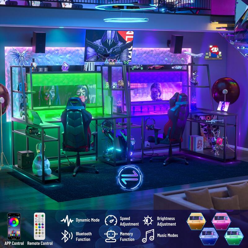 Ultimate L-Shape Gaming Desk with Hutch & Shelves, Reversible Computer Desk with LED Lights & Charging Station
