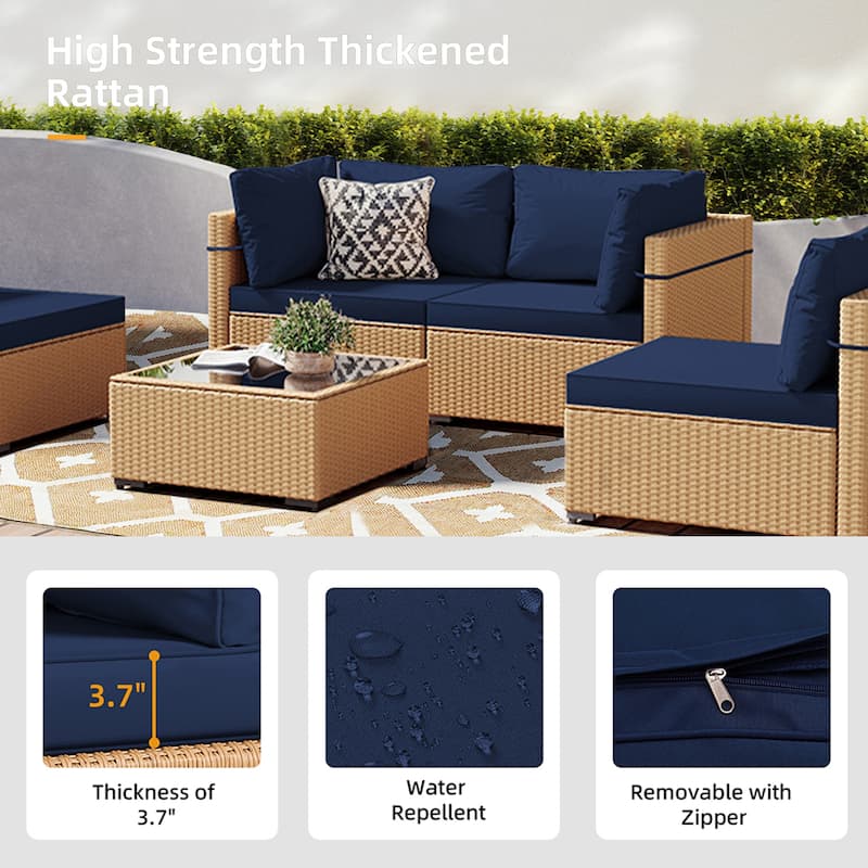 Patio Watcher 5-Pieces Yellow Rattan Conversation Set with Cusions for Outdoors