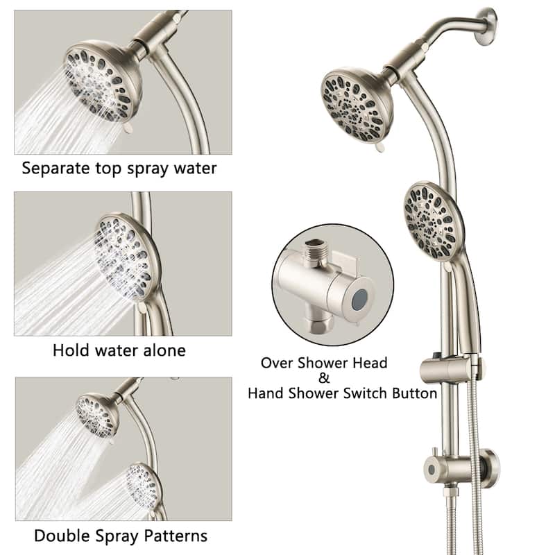 Drill-Free Stainless Steel Slide Bar Combo Rain Showerhead 7-Setting Hand, Dual Shower Head Spa System