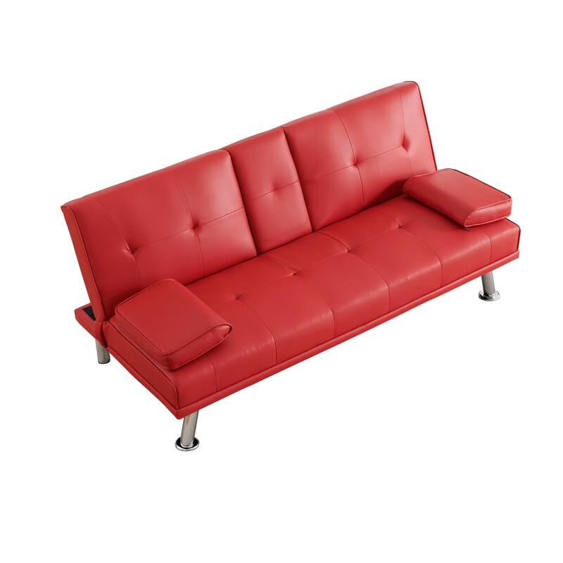Roomfitters 67-Inch Red Faux Leather Convertible Futon Sofa Bed, Modern Sleeper Couch with Cup Holders for Small Spaces