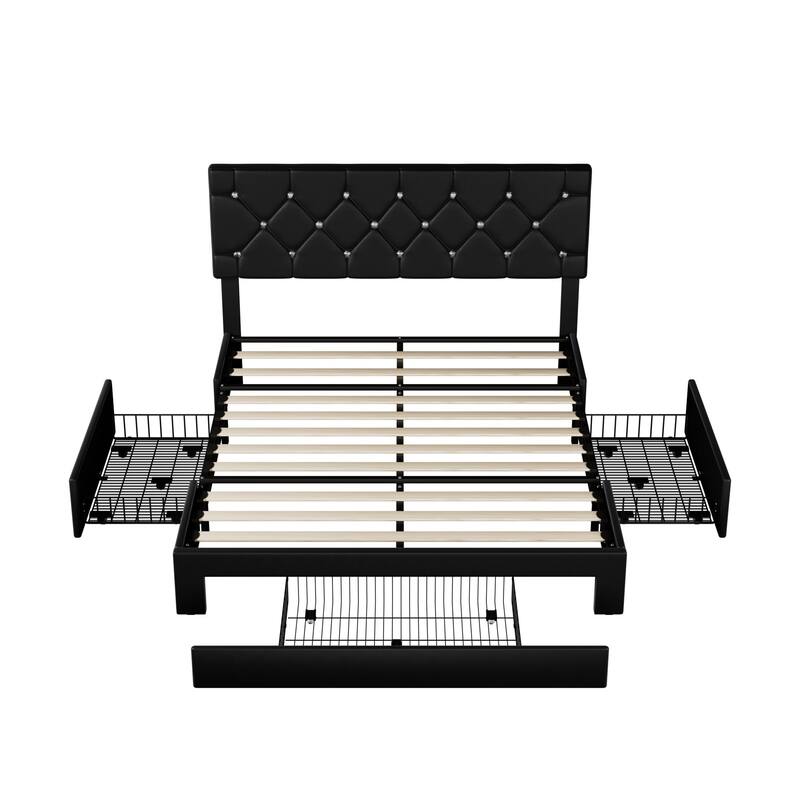 VECELO Bed Frame with Storage Drawers, Leather Upholstered with Diamond Tufted Headboard, Solid Wood Slat Support