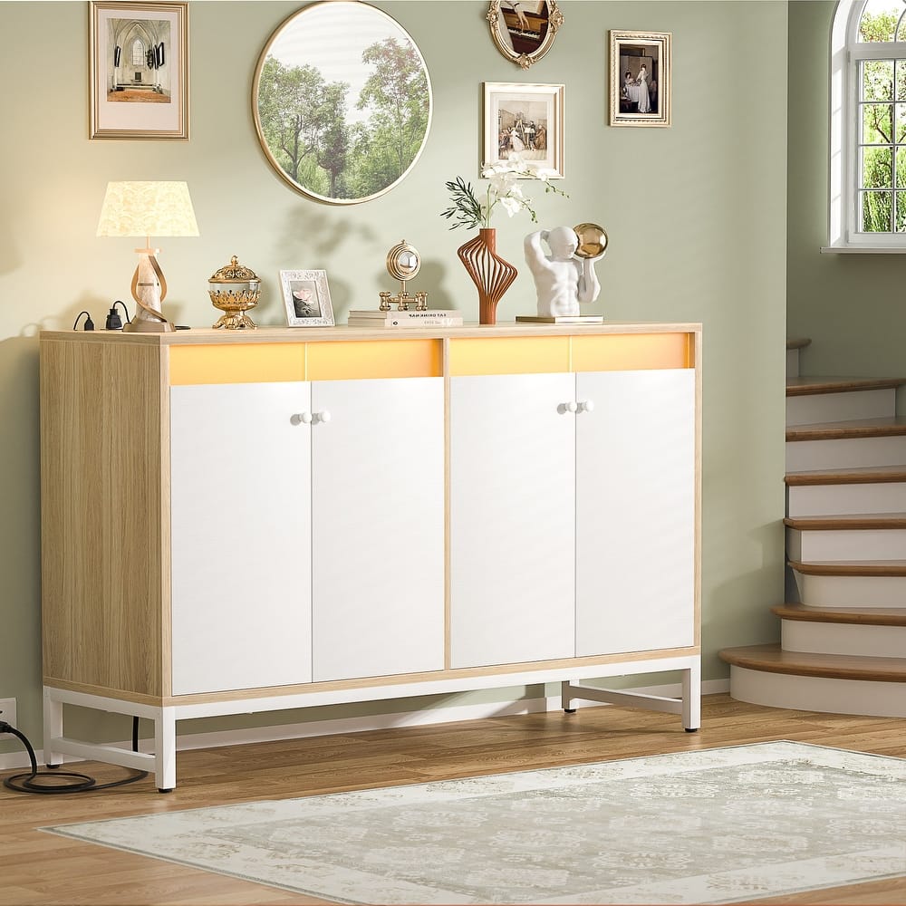 4 Doors Accent Cabinet with Power Outlet, Buffet Cabinet Storage Bar Cabinet with LED Light