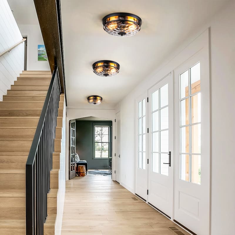 2-Light Modern Industrial Black Dome Clear Water Rippled Glass Flush Mount Ceiling Light - 12.9 in. W x 5.5 in. H