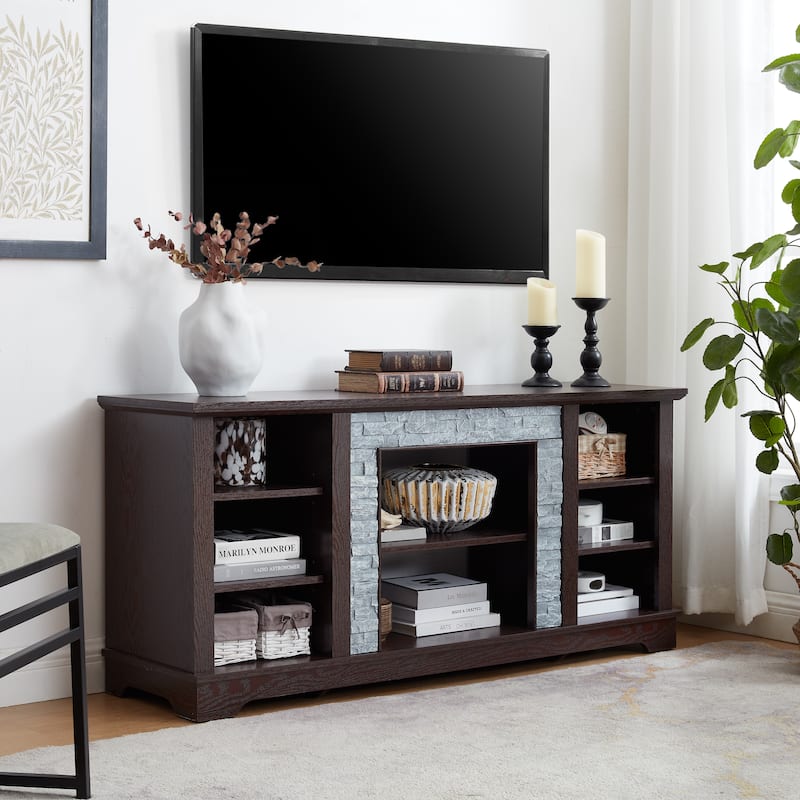 Classic White TV Stand with Faux Stacked Stone, Fits 65 TVs, 4 Adjustable Shelves, Cable Management