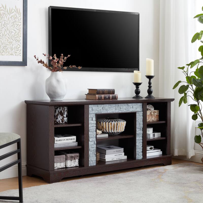 TV Media Console with Faux Stone Surround, 58" Wide Stand for 65" TVs, Open Storage and Cable Management