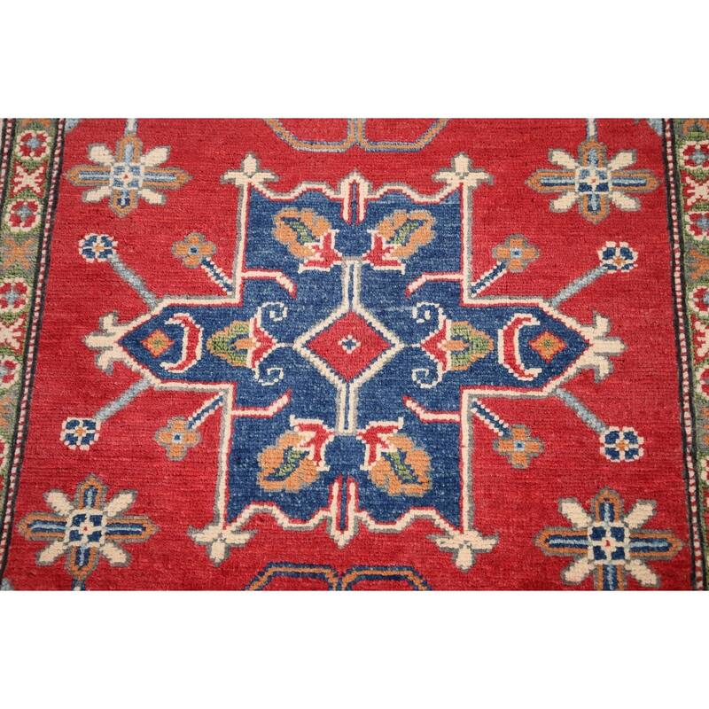 Geometric Red Kazak Oriental Accent Rug Handmade Wool Carpet - 3'4" x 5'0"