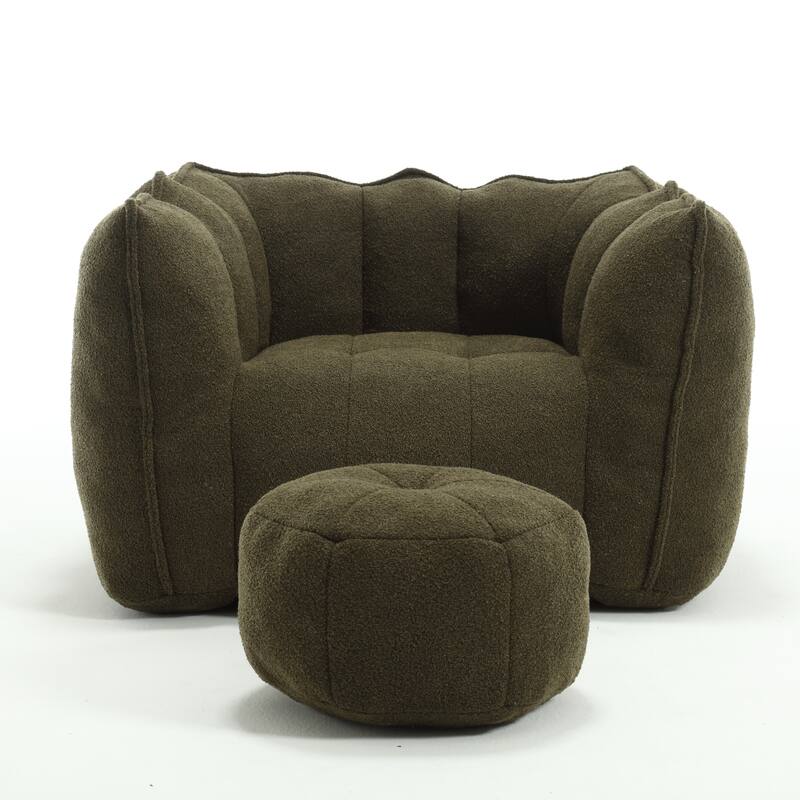 Extra-Large Chenille Bean Bag Chair with Footstool, Comfy Bean Bag Sofa for Adults, High Resilient Foam Square Lazy Sofa