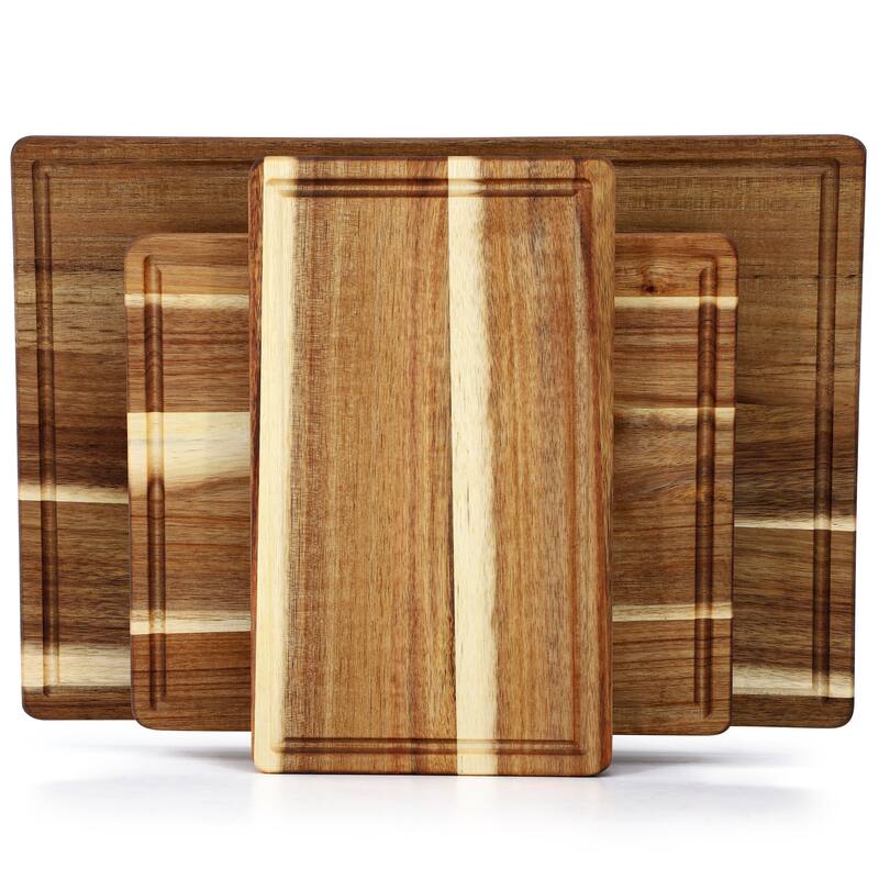 MegaChef 3 Piece 7 Inch, 10 Inch, and 17 Inch Acacia Wood Cutting Board Set with Juice Grooves