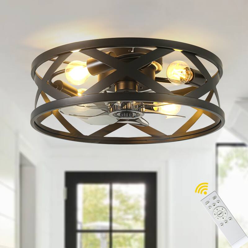 Bella Depot 20" Black Cage Flsuh Mount Ceiling Fan with Light and Remote