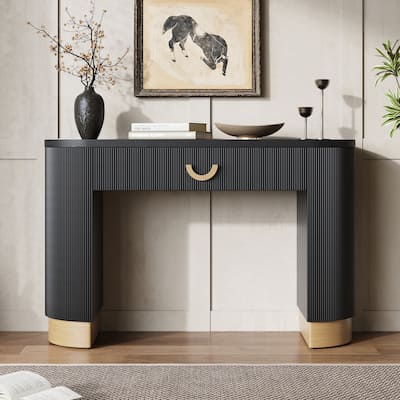 Vertical Ribbed Design Console Table Entryway Table, Curved Sofa Side Table Accent Table with Drawer for Hallway Living Room