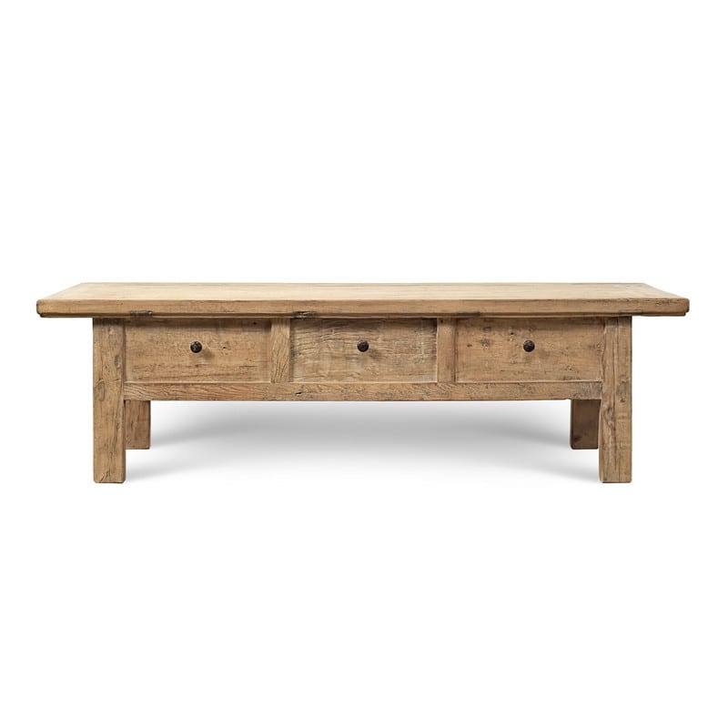 63 Inches Wide Coffee Table with Three Drawers Weathered Natural