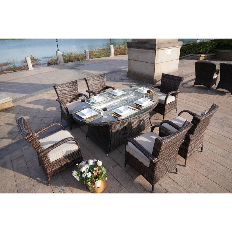 7-Piece Outdoor Wicker Dining Set with 6 Arm Chairs - N/A