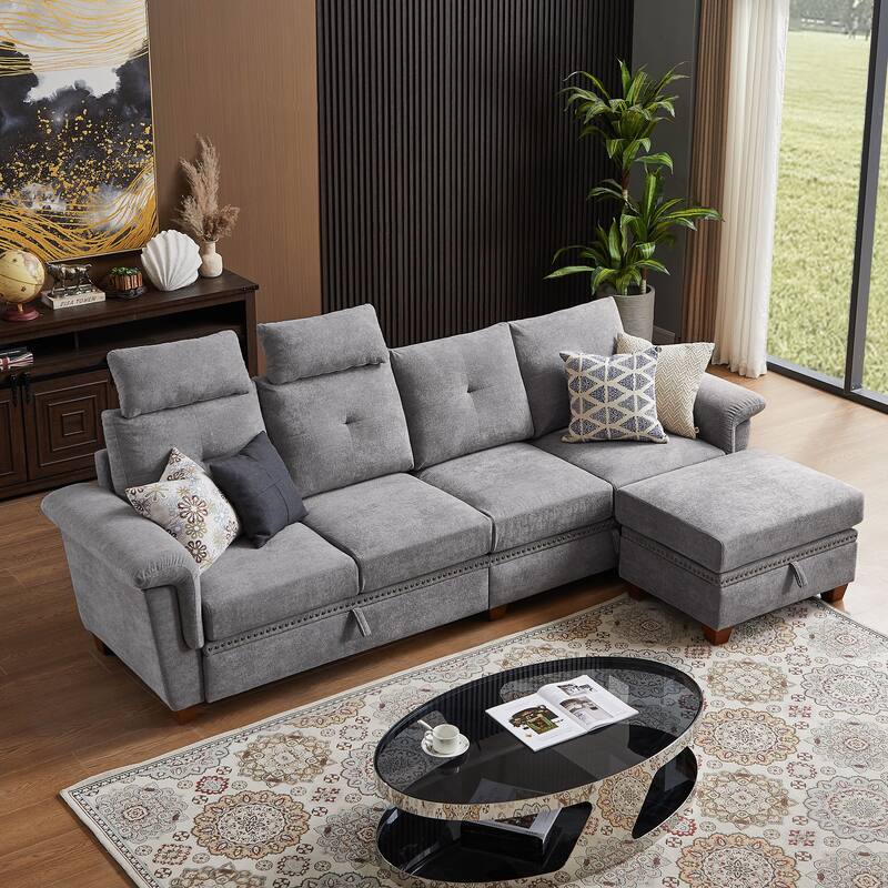 109" Modern 4 Seaters Towelling Sectional Sofa with Hidden Coffee Table Adjustable Headrest and Large Storage Space