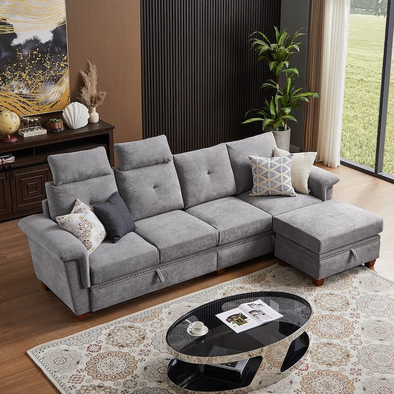 109" Modern 4 Seaters Towelling Sectional Sofa with Hidden Coffee Table and Large Storage Space