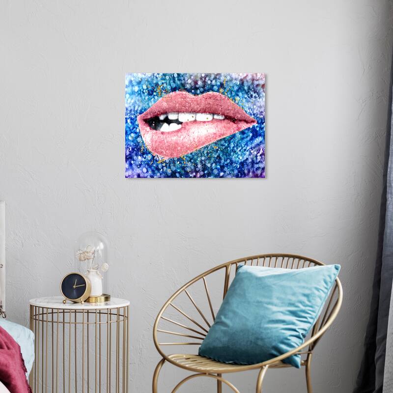 Wynwood Studio Fashion and Glam Glimmering Blue Lip Bite Blue and Glam Wall Art Canvas Print - 24 x 20