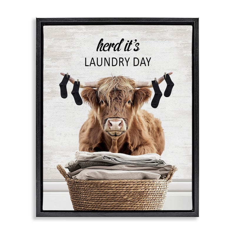 Stupell Laundry Cattle with Hanging Socks Framed Floater Canvas Wall Art Design By Lettered and Lined - 25 x 31 - Black