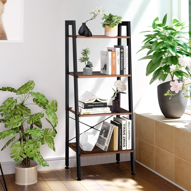 4 Tiers Industrial Ladder Bookcase Storage Rack Shelf Brown - Brown