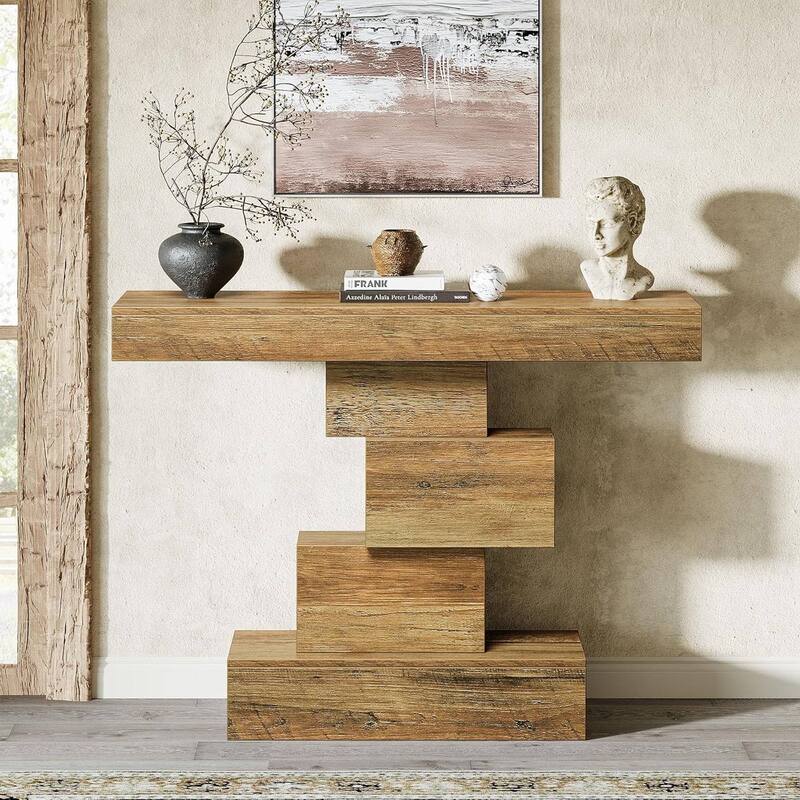 Modern 42-Inch Sofa Table with Rustic Wood Grain Finish and Geometric Base for Hallway or Living Room