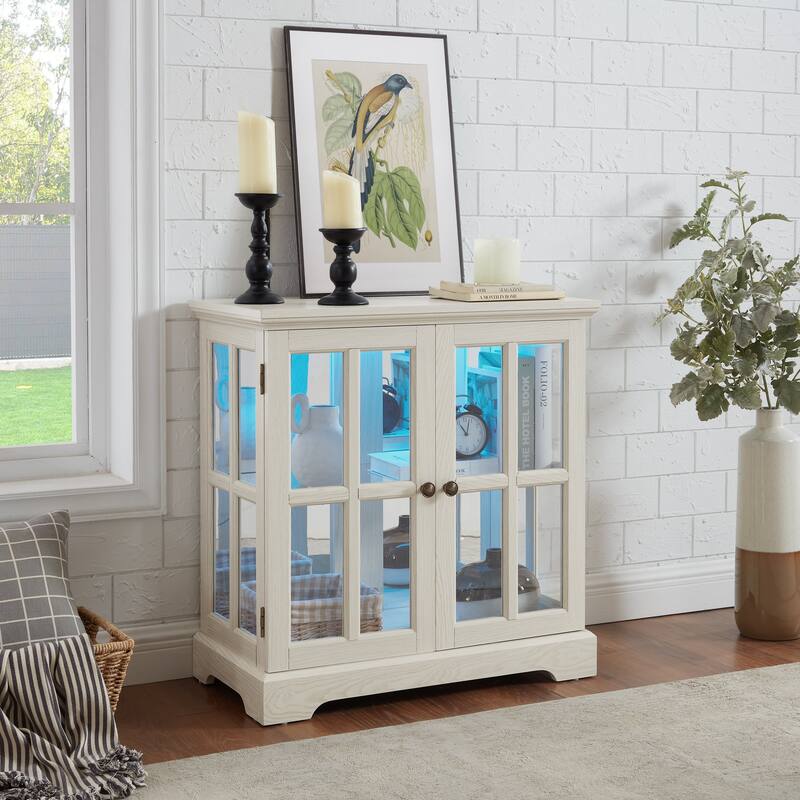 Retro Display Cabinet with Lattice Doors, Adjustable Shelve and LED Lights