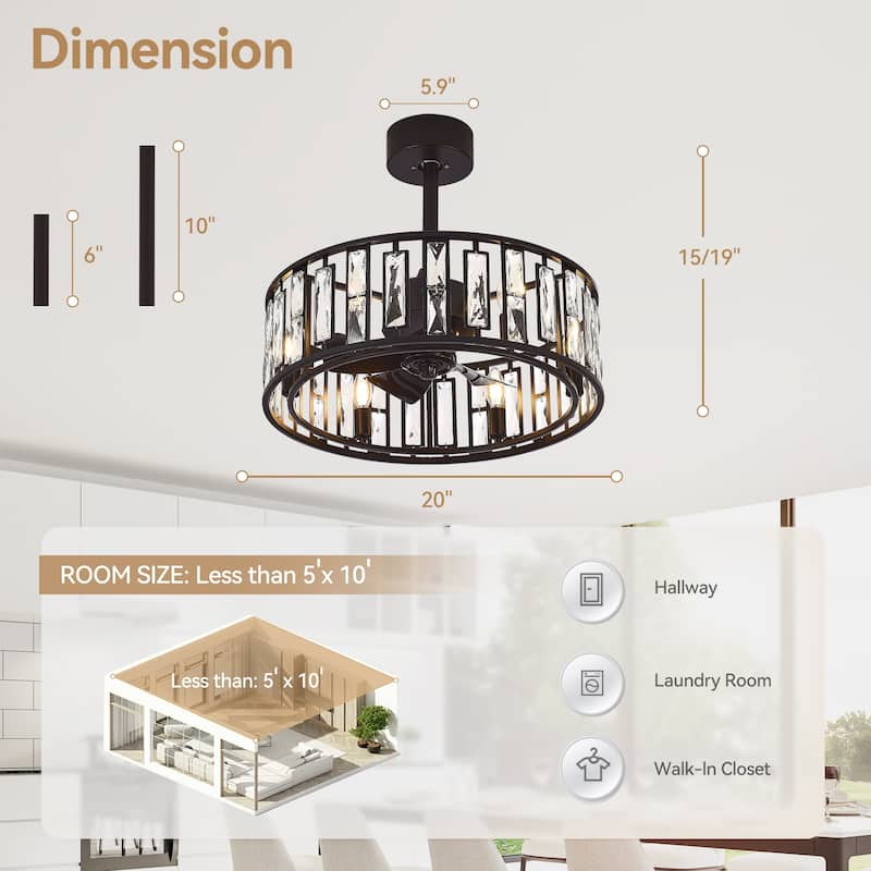 20-In Black Caged Crystal Ceiling Fan with Lights and Remote,5 ABS Blades, 6 Light E12 Base,Reversible DC 6-Speed Indoor Fan