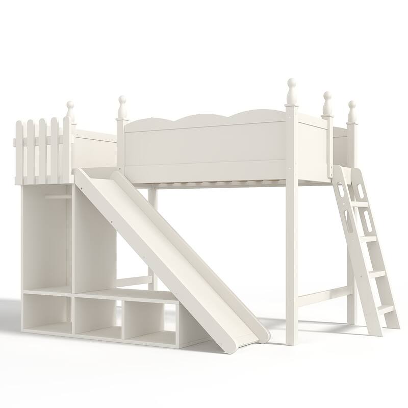 Twin Loft Bed with Storage Shelves and Wardrobe, Solid Wood Loft Beds with Detachable Slide and Ladders, No Spring Box Needed