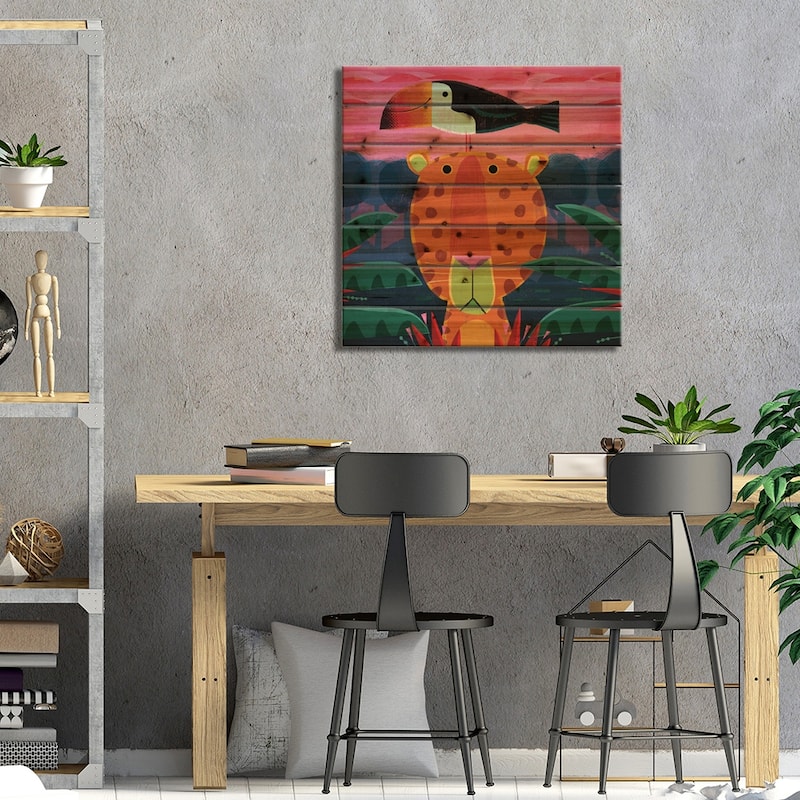 Leopard With Pesky Toucan Print On Wood by Gareth Lucas - Multi-Color