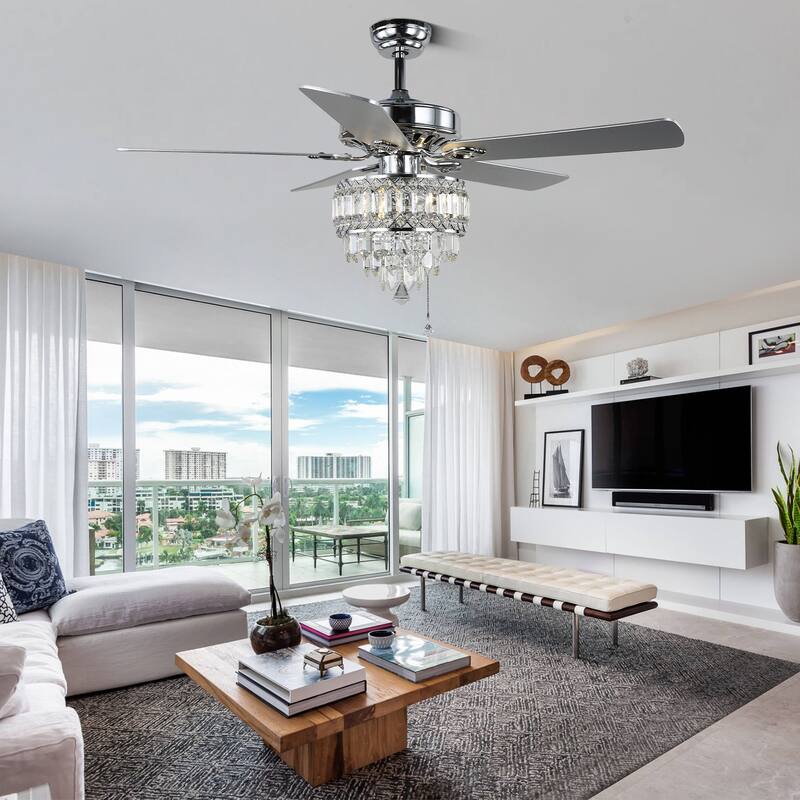 CurveCurio 52-inch Classic Ceiling Fan with Crystal Light Shade, 3 Light, Remote Control and Pull Chain Control for Living Room