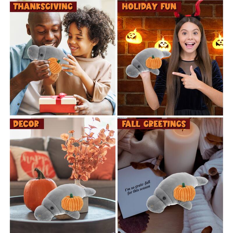 DolliBu Wild Collection Grey Manatee Stuffed Animal with Pumpkin Decor - 9 inches