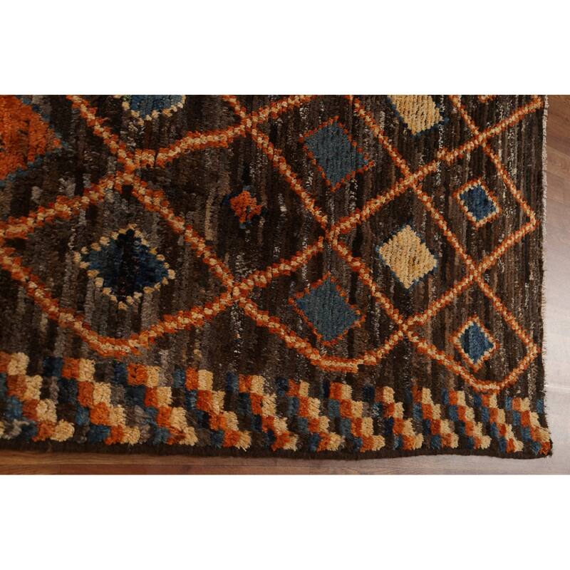 Hand Knotted Oriental 100% Wool Carpet Modern Tribal Brown Moroccan Area Rug - 9' 9'' X 6' 9''