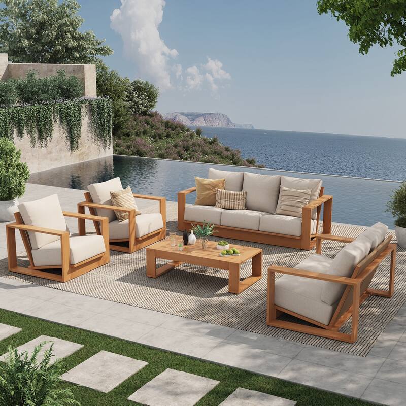 Outdoor Conversation Set 5-Piece Eucalyptus Wood 3-Seater Sofa Weather‑resistant Rope Weave Loveseat with Coffee Table - Natural & Beige