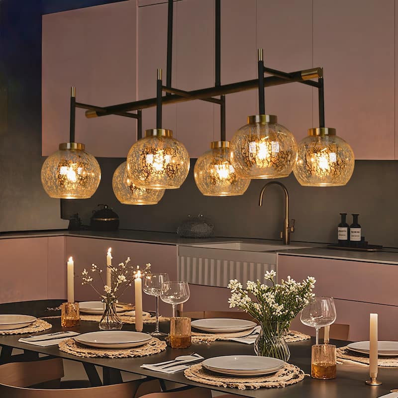 Modern Glam 3/6-Light Black Gold Linear Chandelier Kitchen Island Pendant Lights with Mercury Glass - 6-Light